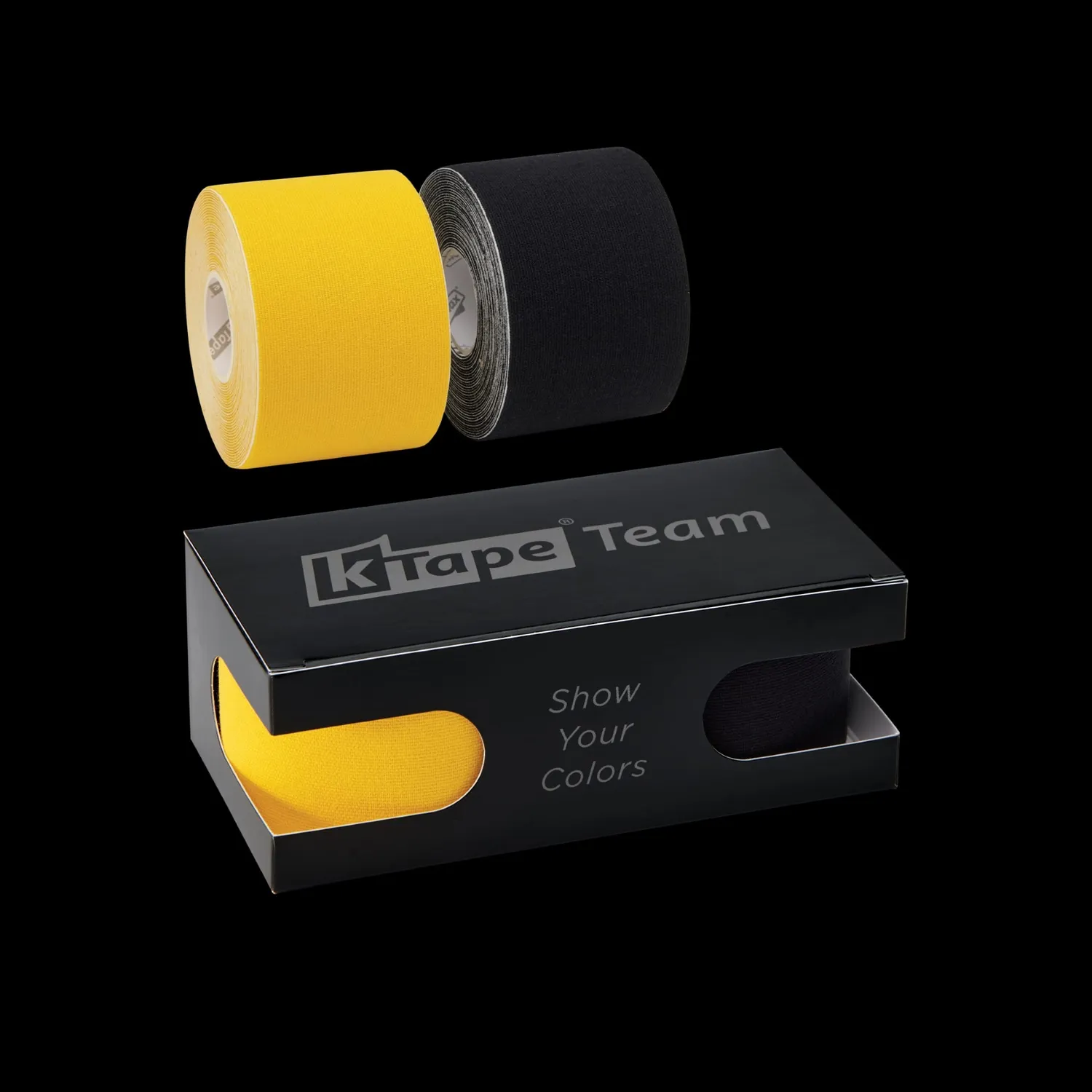 K-tape Team Yellow & Black kinesiologitape 2x5 m svart lateksfri
